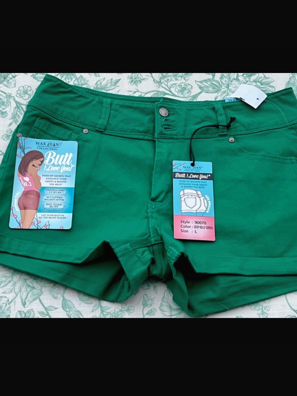 NWT Wax Jean Y2K "Butt I Love You" Sculpting Green Shorts L